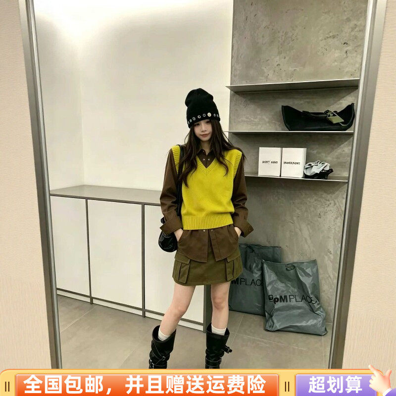 秋季韩版显瘦针织背心衬衫套装