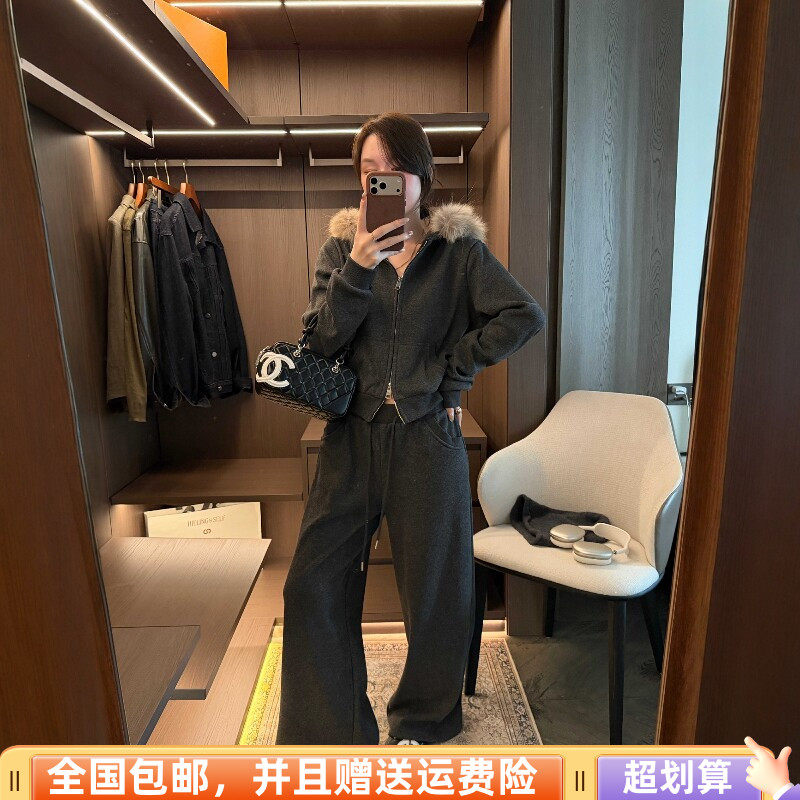 冬季加绒加厚毛呢卫衣裤两件套