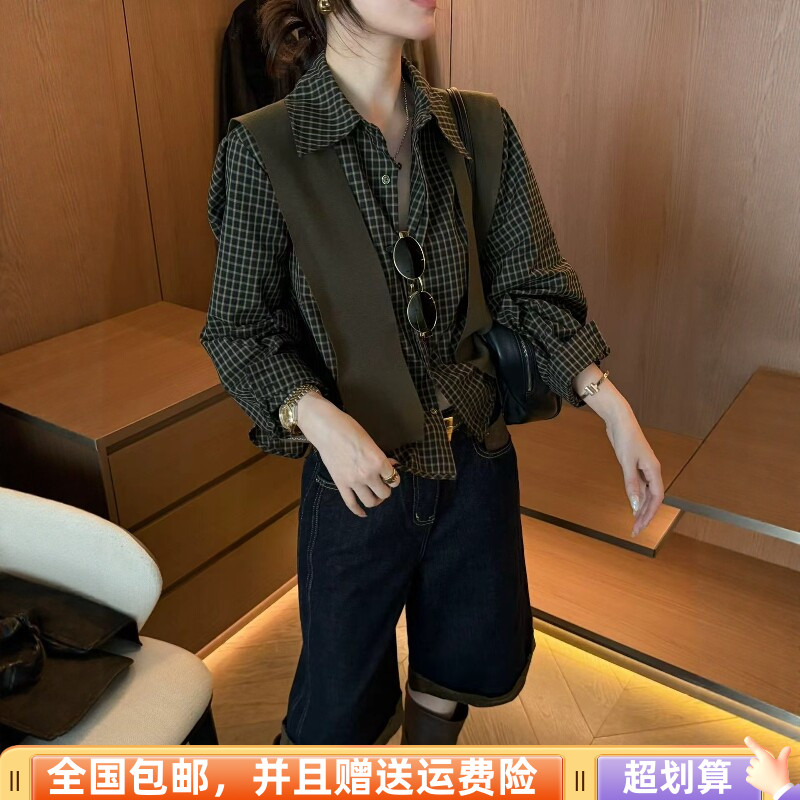 格子宽松长袖荷叶边衬衫女遮肉