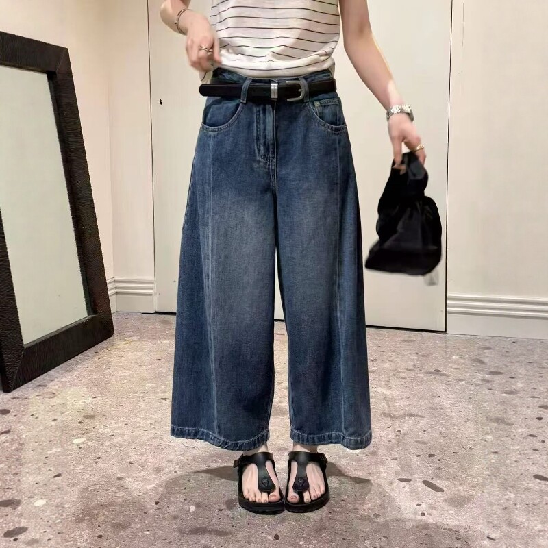 水洗蓝色九分阔腿牛仔裤女2026夏季高腰直筒宽松显瘦休闲裤配腰带