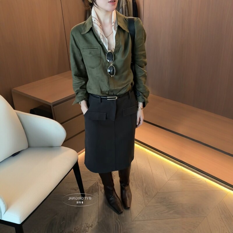 老钱风翻领亚麻衬衫女长袖宽松百搭松弛感衬衣2026秋季新款配丝巾