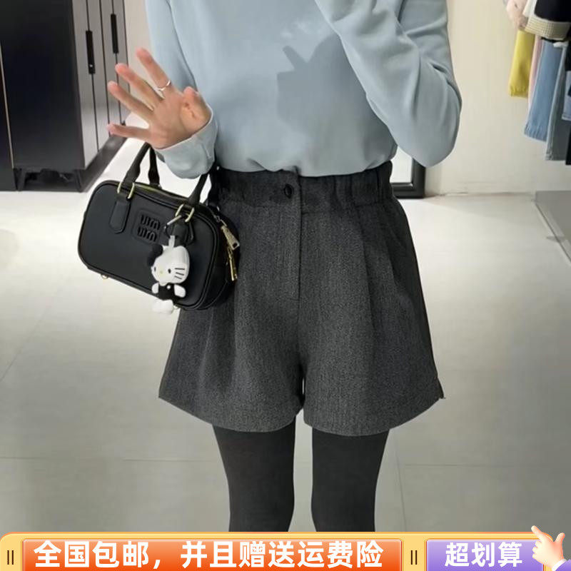 欧洲站2025冬季新品时尚百搭韩版羊毛呢料休闲短裤高腰阔腿显瘦女