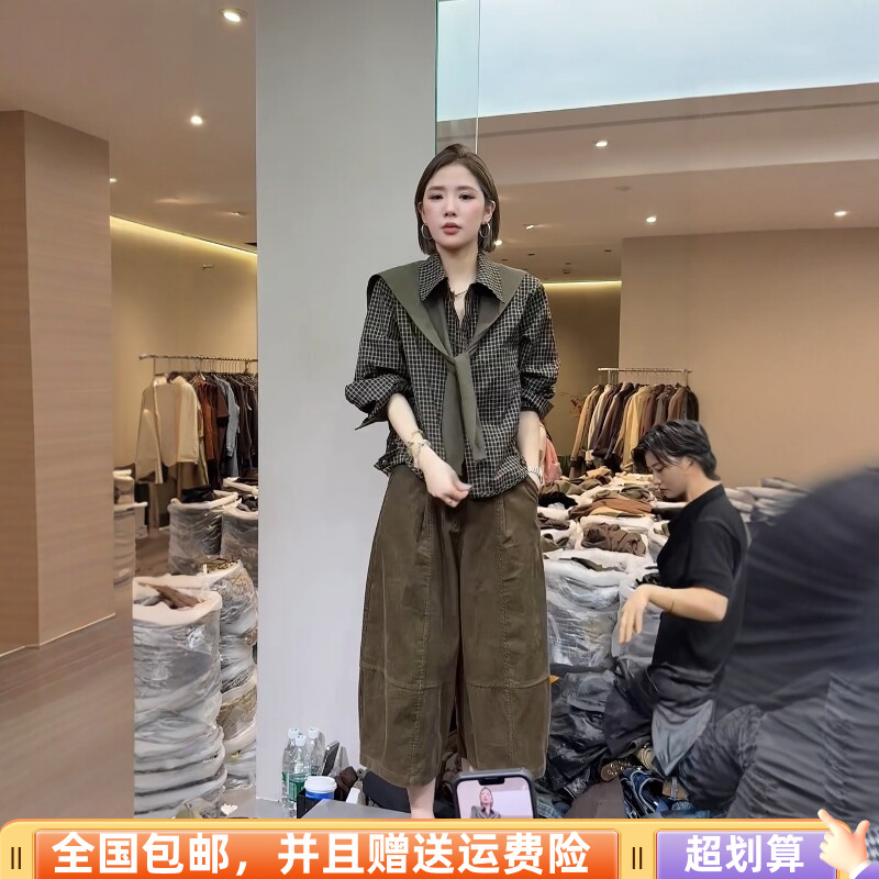 秋季休闲翻领格纹长袖衬衫女