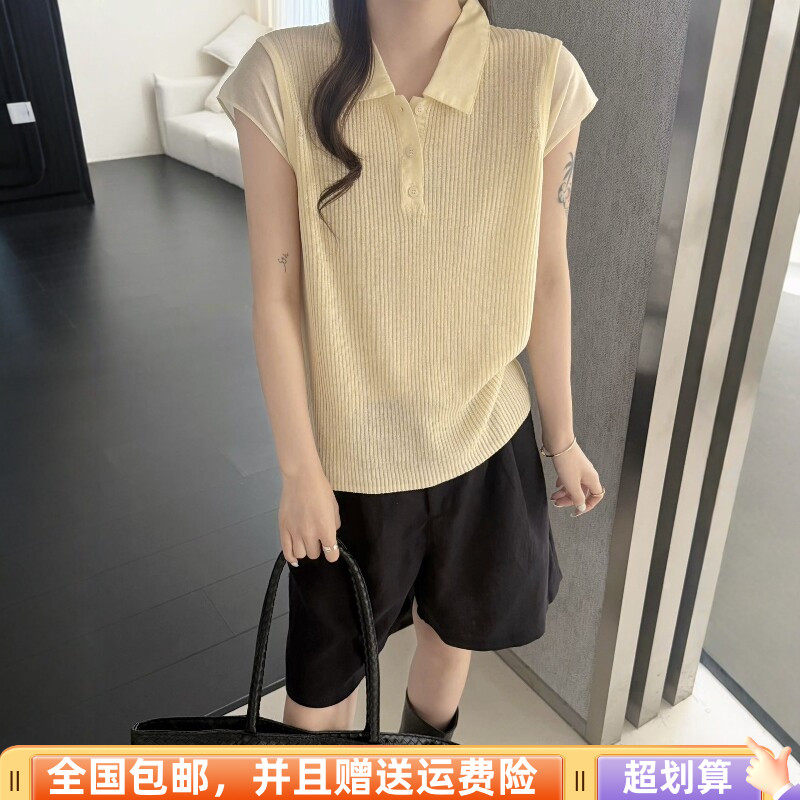 2026夏季新品韩版宽松显瘦冰丝针织无袖背心POLO领上衣减龄气质女