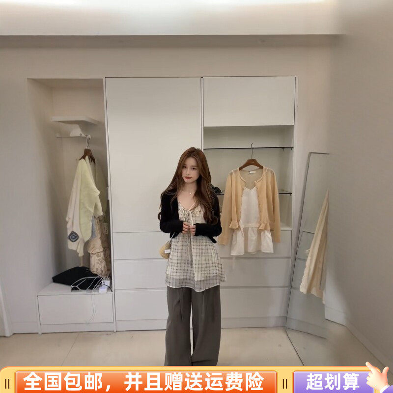 2026春季新品韩版宽松显瘦法式格子吊带背心加针织开衫两件套套装