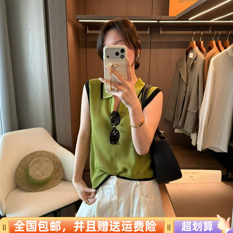 2026夏季新品休闲时尚百搭韩冰丝针织无袖背心上衣POLO领时尚女潮