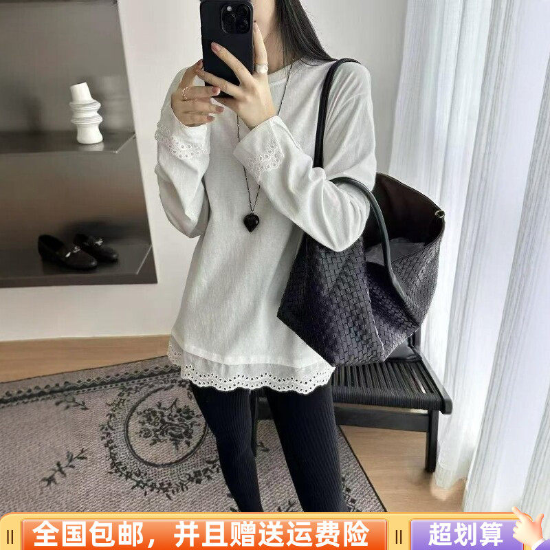 秋季宽松显瘦蕾丝拼接长袖T恤