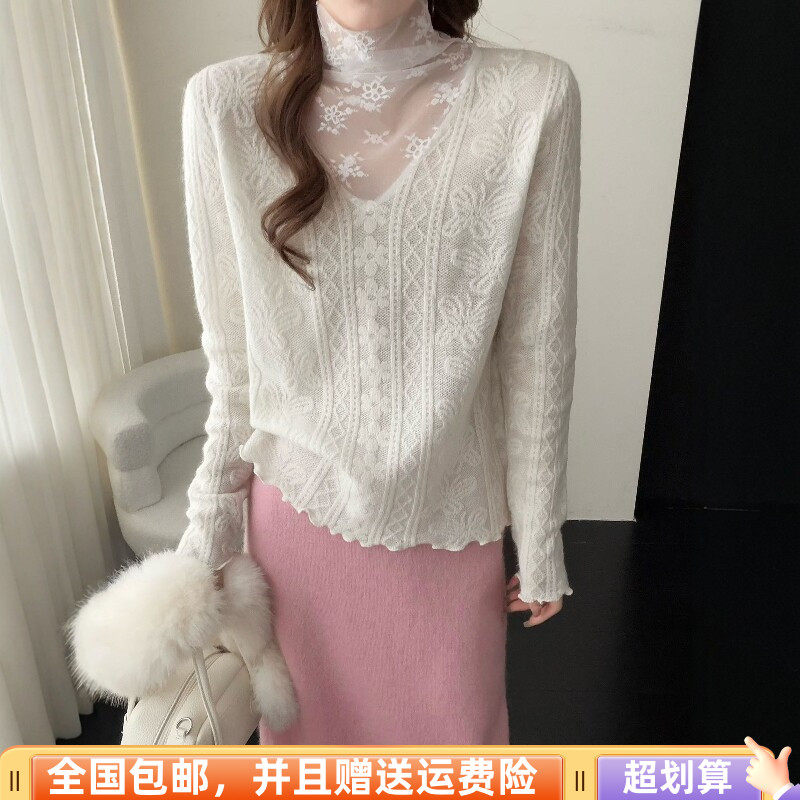 秋季宽松显瘦钩花蕾丝女针织衫