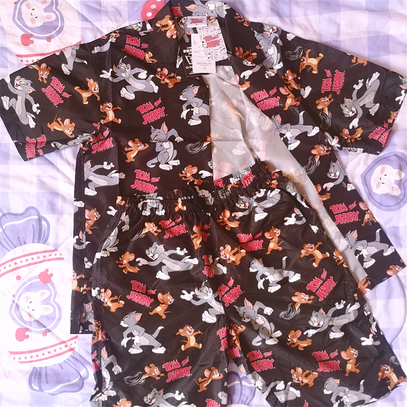 包邮猫和老鼠复古短袖上衣短裤套装中性日系港风时尚夏