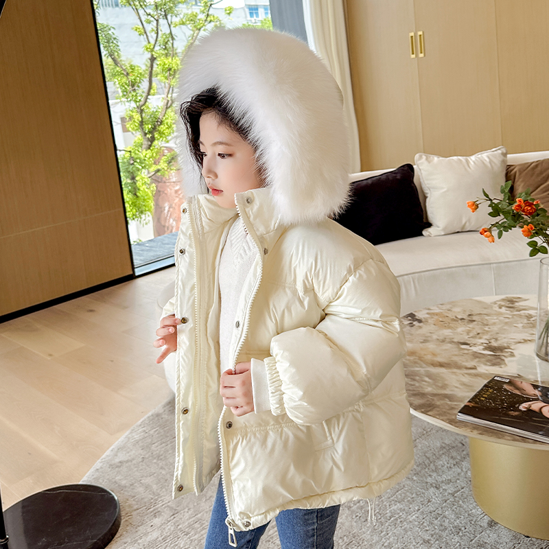 儿童羽绒服冬季短款90白鸭绒女童皮草外套新款狐狸毛领加厚男童