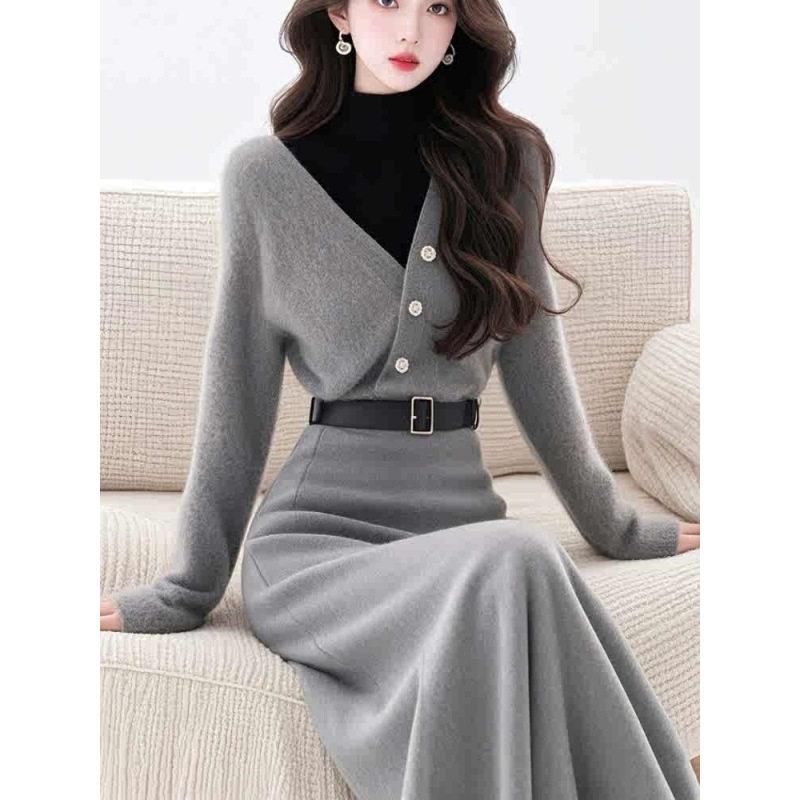 套装裙2025秋冬新款高级灰色套装女人味针织半身裙两件套~现货
