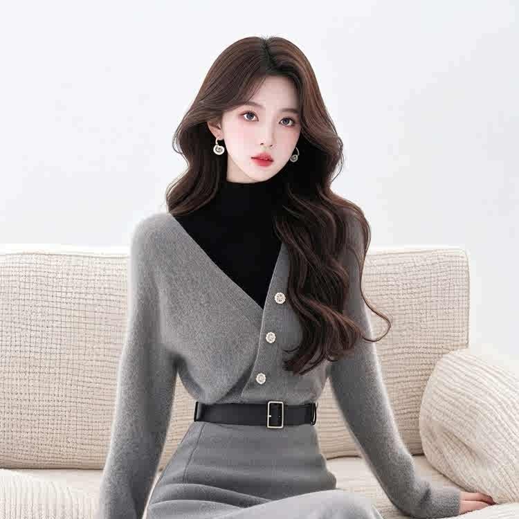 套装裙女2025秋冬新款气质高级感灰色假两件针织上衣半身裙套装女