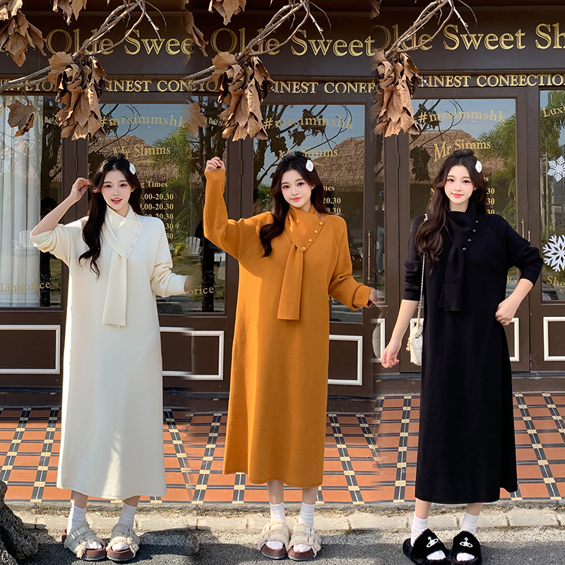 实价实拍2025冬装新款胖mm大码女慵懒风围巾休闲中长款针织连衣裙