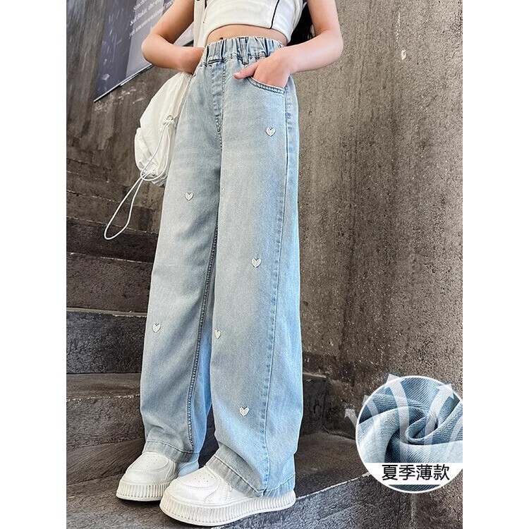 女童冰丝裤子夏季薄款大童夏装宽松阔腿裤休闲百搭爆款牛仔裤女孩