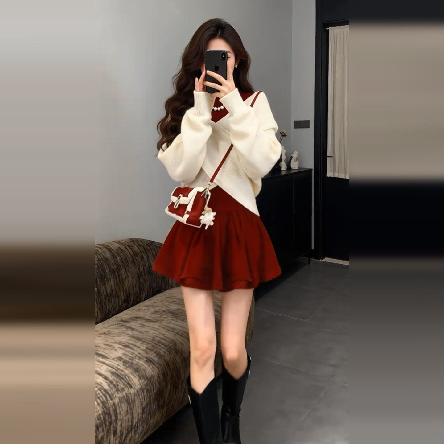 巨好看小个子香风红色连衣短裙套装女秋冬季2026新款过年新年战袍