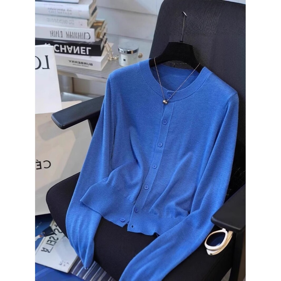 克莱因蓝气质圆领针织开衫女春秋复古高级感短款毛衣外套打底上衣