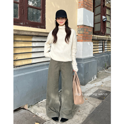 ［T台］T-PLATFORM 冬款加绒保暖拖地裤韩系高腰直筒牛仔裤93299