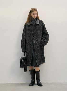 [共线]COLNE新款设计感擦色皮领颗粒茧型复古风羊毛大衣外套C4498