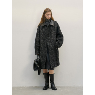 [共线]COLNE新款设计感擦色皮领颗粒茧型复古风羊毛大衣外套C4498