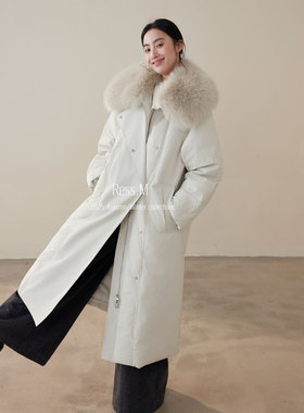 Ress.M十三行极简时尚保暖加厚过膝外套狐狸毛大翻领羽长款羽绒服
