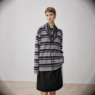开间miu系复古英伦条纹毛衣天丝羊毛真丝撞色松弛套头条纹长袖T恤