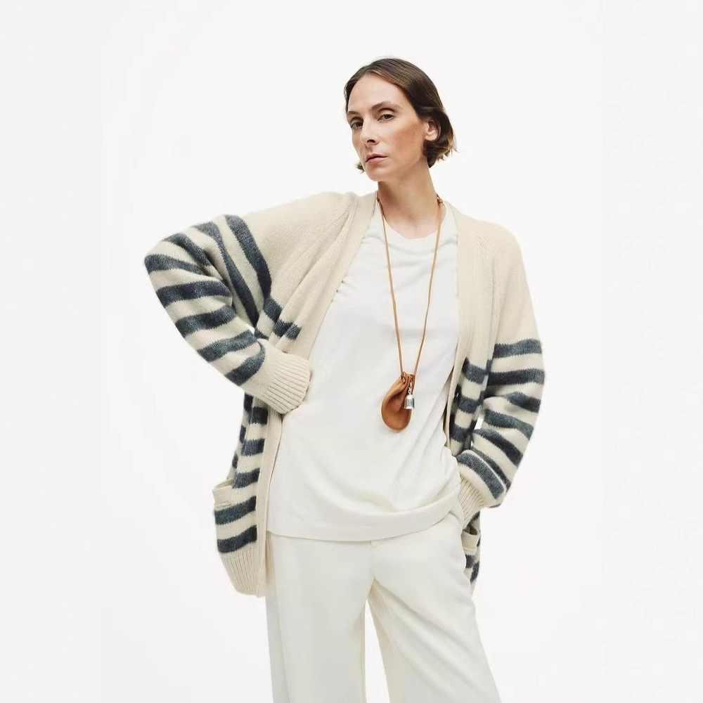 ED秋冬款条纹羊毛女士撞色针织开衫外套宽松显瘦百搭毛衣宽松时尚