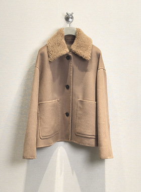 IC之ICLE禾专柜同款女冬季全羊毛呢绒双面外套短款小个子毛领大衣