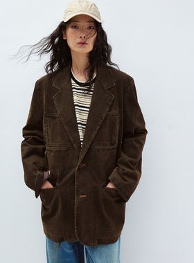 [识时]新品早春复古解构口袋设计单排扣长袖做旧西装外套女V60238