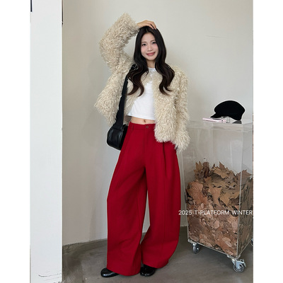 ［T台］T-PLATFORM 圣诞穿搭红色卫裤韩系慵懒风休闲弯刀裤83501