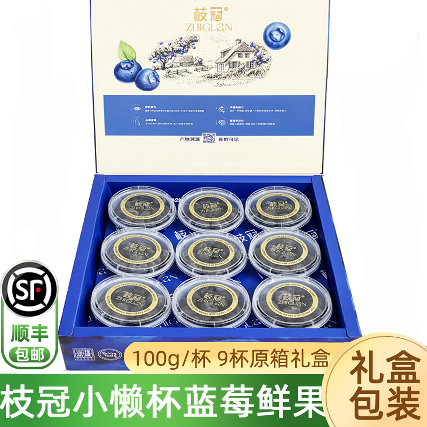 枝冠蓝莓鲜果小懒杯9杯礼盒装 脆甜L25云南蓝莓新鲜孕妇水果顺丰