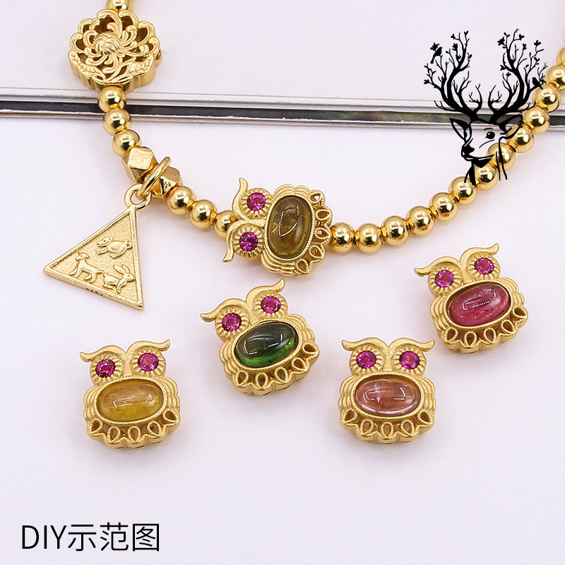 s925纯银碧玺精工猫头鹰穿孔隔珠