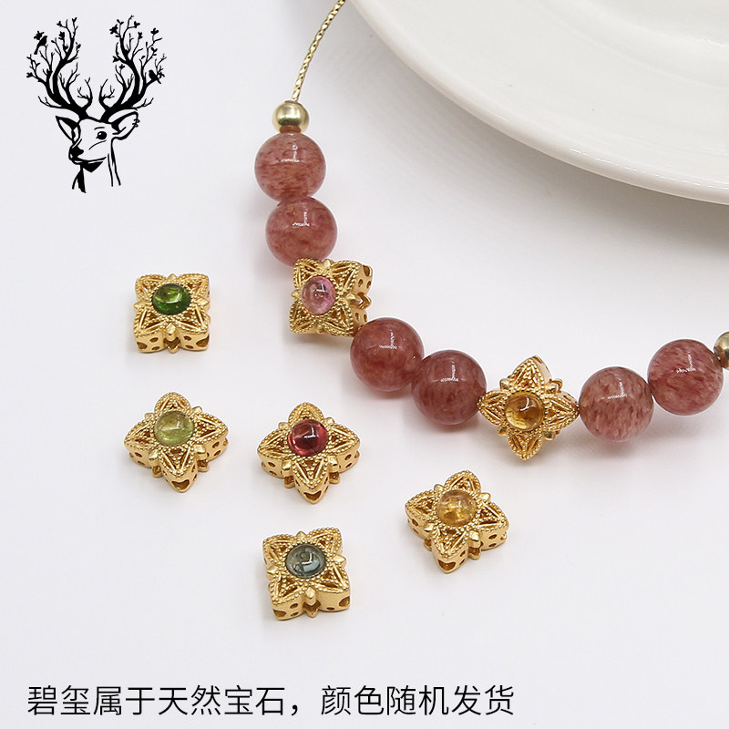 s925纯银天然碧玺兰花穿孔隔珠diy饰品配件材料古法金四角转运珠