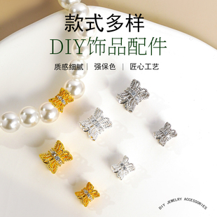 S925纯银镶钻桶形双花托隔珠DIY手链项链配饰镂空车轮花帽花片