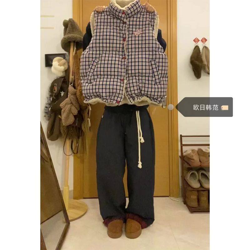 美式复古双面穿格子马甲棉服女冬季学院风加厚保暖棉衣面包服外套