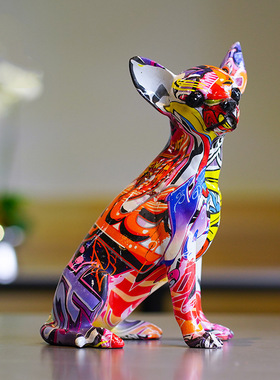 创意炫彩吉娃娃斗牛犬水转印摆件