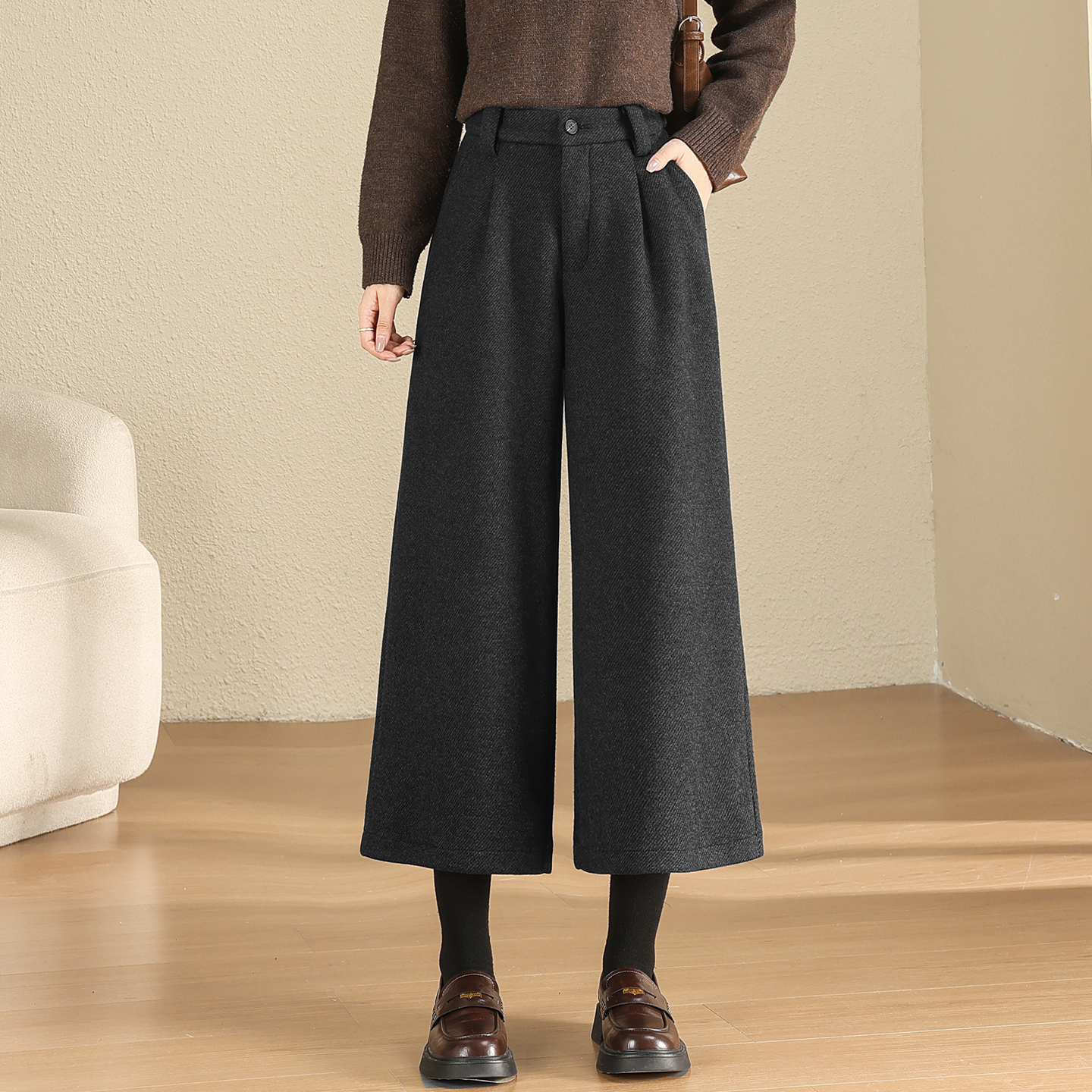 直筒毛呢阔腿裤女秋冬小个子宽松