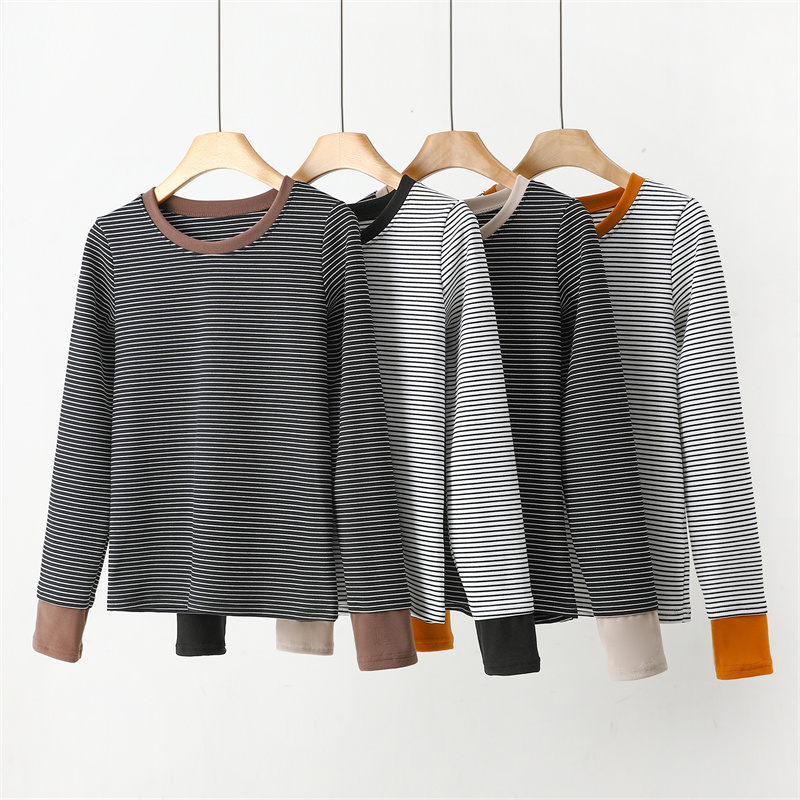 德绒条纹长袖T恤女秋冬外穿加绒加厚打底衫拼色内搭洋气圆领上衣