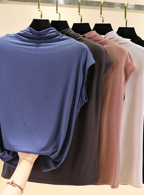 2024新款莫代尔半高领T恤女夏季薄款修身内搭上衣纯色百搭打底衫