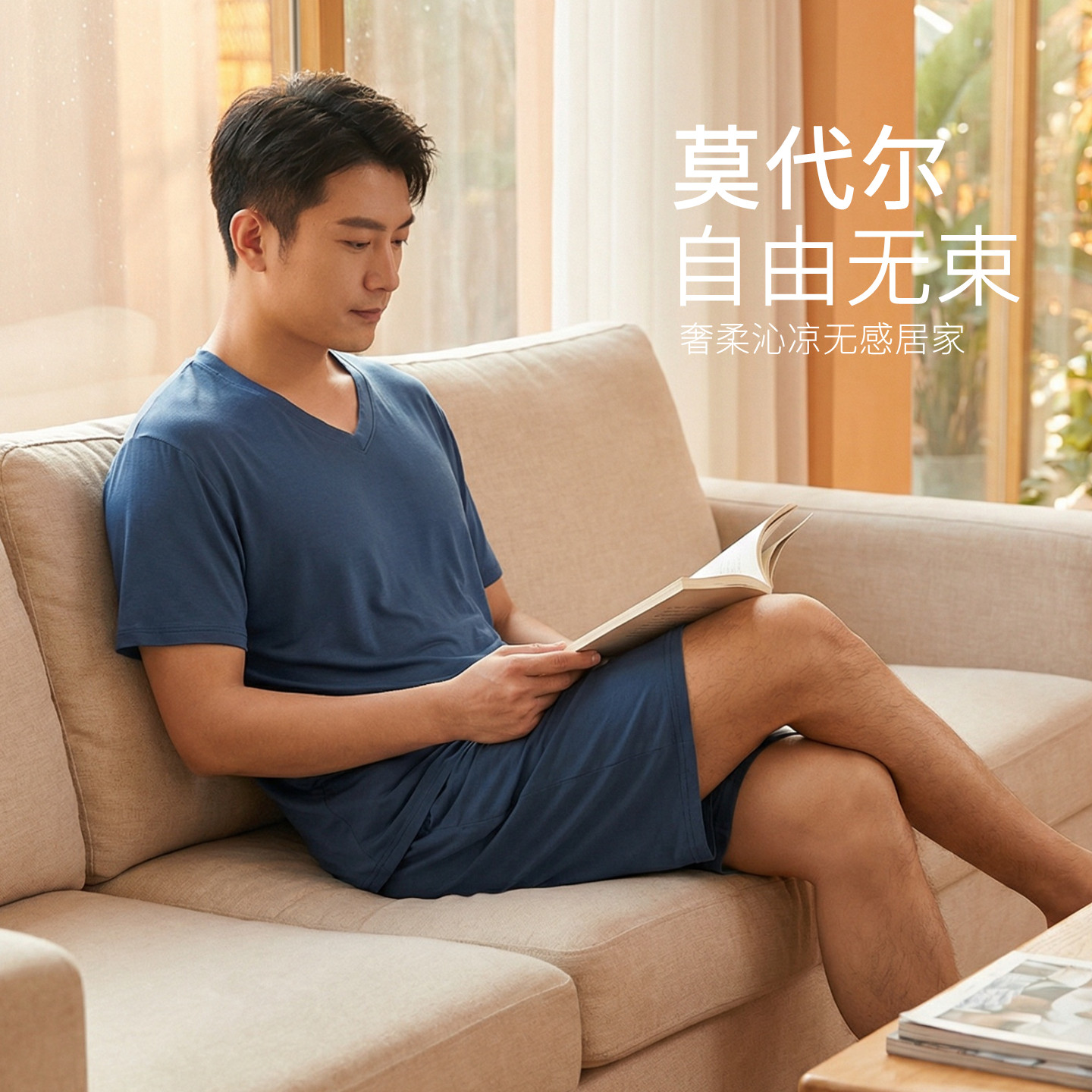 男士莫代尔家居服套装夏季薄款短袖短裤宽松v领男睡衣睡裤两件套