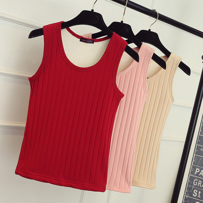 秋冬纯棉加绒加厚背心吊带女保暖内搭圆领马甲打底衫修身显瘦上衣