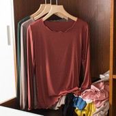 秋衣大码 莫代尔内搭T恤百搭修身 上衣 女春秋长袖 木耳边圆领打底衫