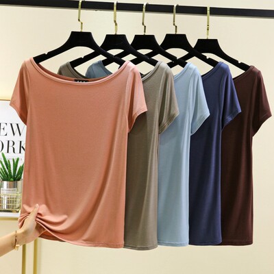 莫代尔一字领短袖T恤女夏季外穿修身显瘦露锁骨打底衫洋气薄上衣
