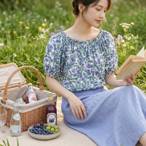 一字肩碎花短袖T恤女夏季新款棉绸休闲上衣大码人造棉打底衫薄款