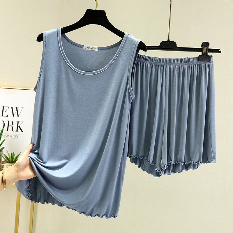 莫代尔背心短裤两件套女士夏大码木耳边睡衣宽松家居服可外穿套装