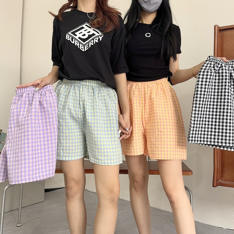 宽松格子短裤女夏季外穿直筒裤薄款防晒阔腿裤大码显瘦百搭运动裤