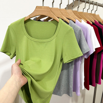 2025夏新款螺纹纯棉方领短袖T恤女修身显瘦黑色打底半袖大码上衣