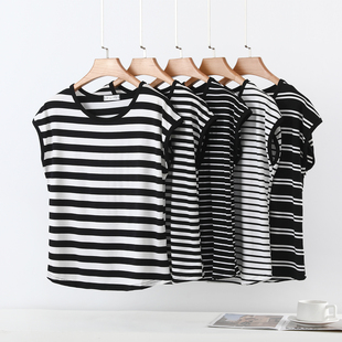 背心黑白条纹休闲打底衫 夏薄款 上衣宽松大码 t恤女短袖 莫代尔无袖