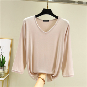 莫代尔七分袖 显瘦体恤衫 V领打底衫 女春秋宽松T恤百搭纯色上衣大码