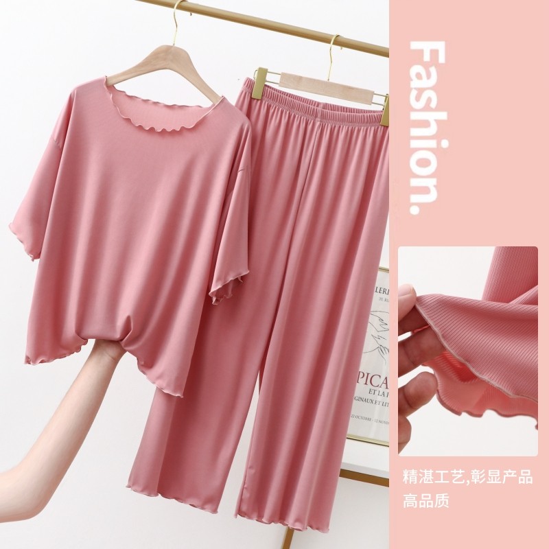冰丝莫代尔睡衣套装女夏大码家居服宽松薄款短袖上衣休闲裤两件套