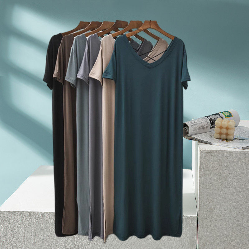 莫代尔交叉露背短袖睡裙女夏宽松连衣裙可外穿孕妇睡衣薄款家居服